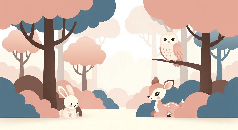 Papier peint chambre bébé | êt douce avec un lapin, un cerf et une chouette