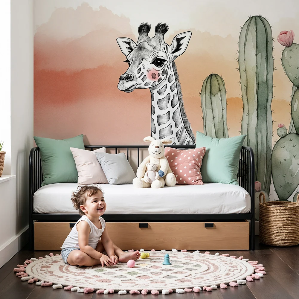 Papier peint chambre bébé | Girafe délicate et cactus colorés