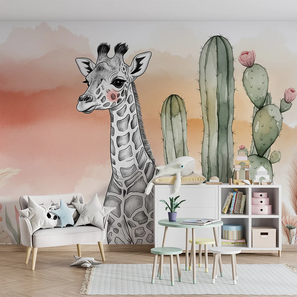Papier peint chambre bébé | Girafe délicate et cactus colorés