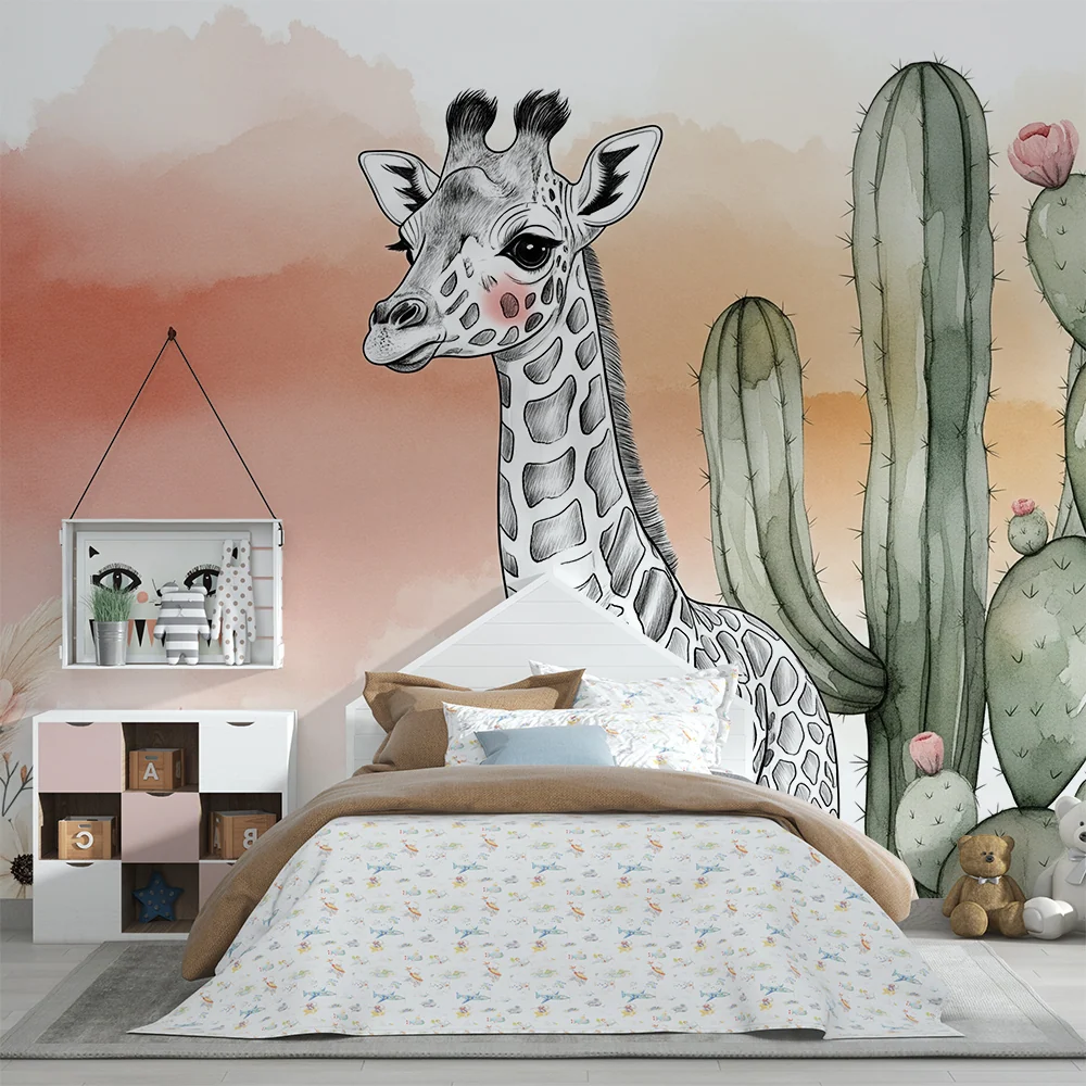 Papier peint chambre bébé | Girafe délicate et cactus colorés