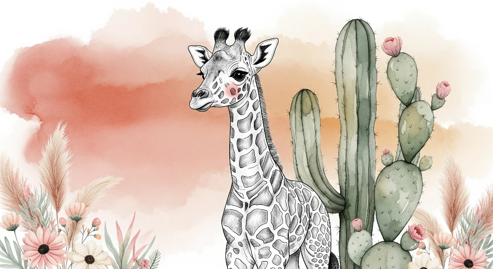 Papier peint chambre bébé | Girafe délicate et cactus colorés