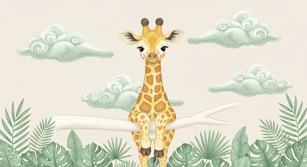 Papier peint chambre bébé | Girafe joyeuse et nuages doux