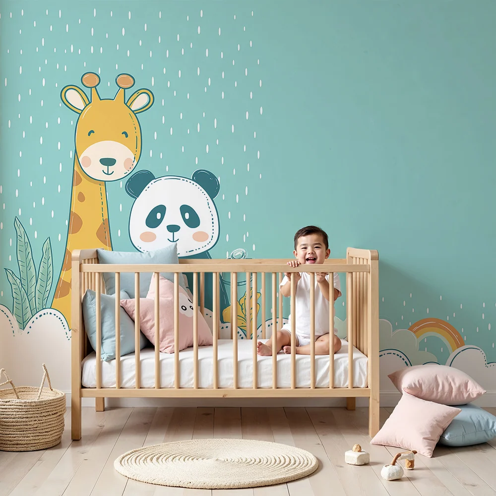 Papier peint chambre bébé | Girafe et panda sous la pluie avec nuages doux