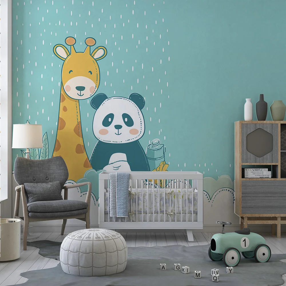 Papier peint chambre bébé | Girafe et panda sous la pluie avec nuages doux