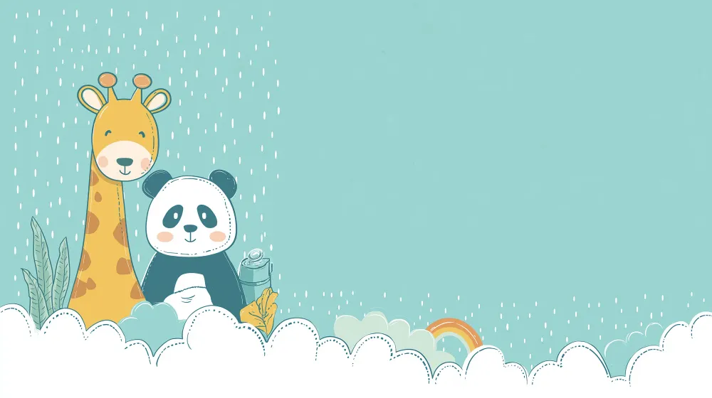 Papier peint chambre bébé | Girafe et panda sous la pluie avec nuages doux