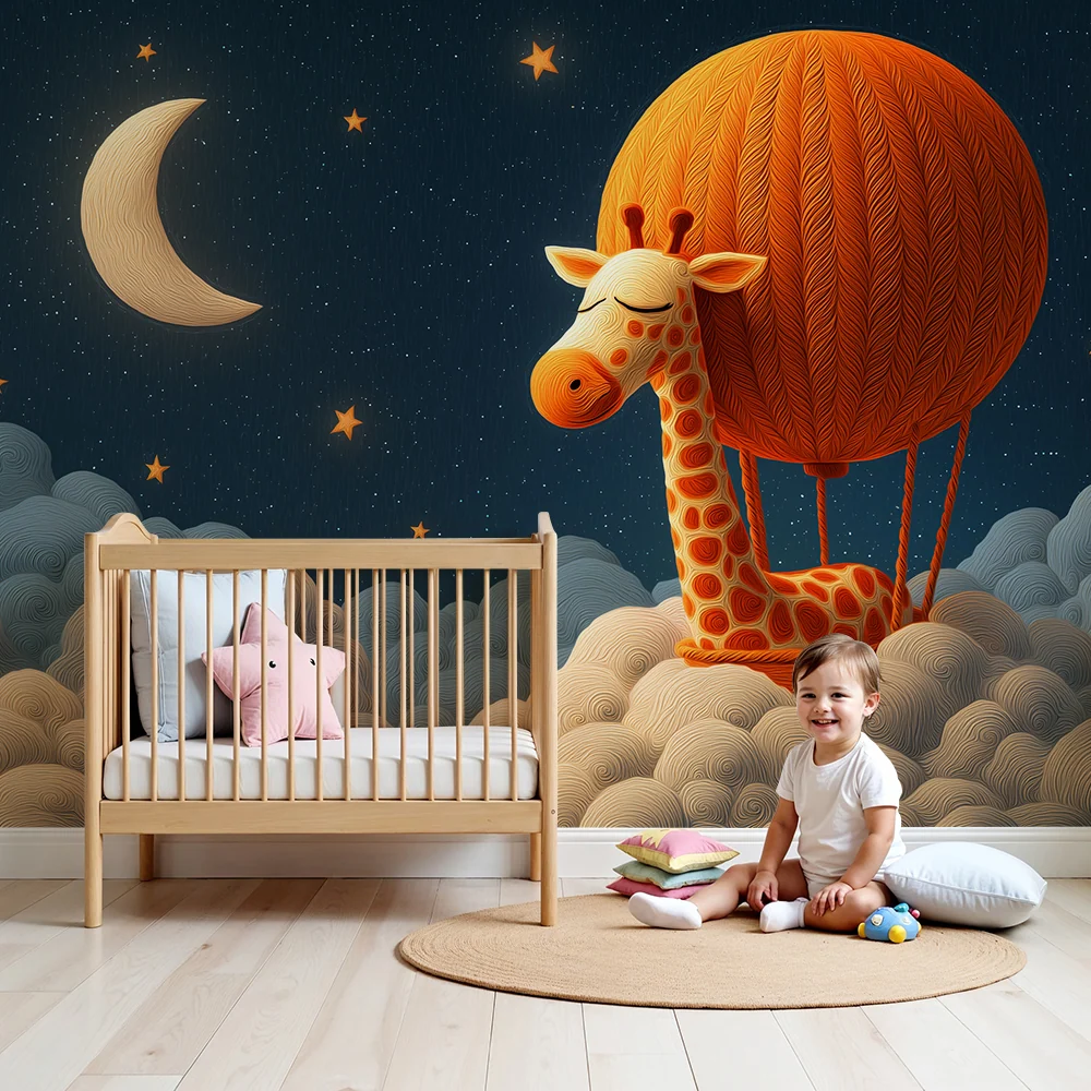 Papier peint chambre bébé | Girafe rêveuse dans un ciel étoilé avec ballon