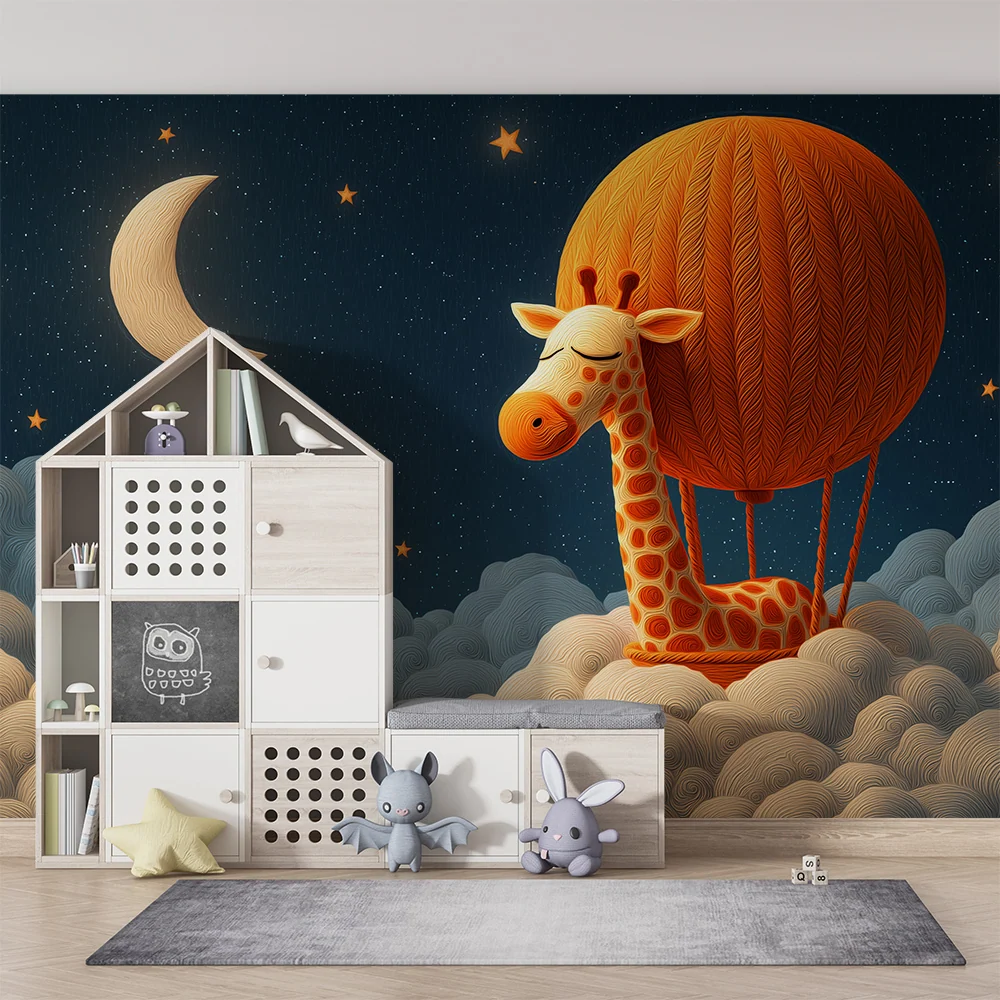 Papier peint chambre bébé | Girafe rêveuse dans un ciel étoilé avec ballon