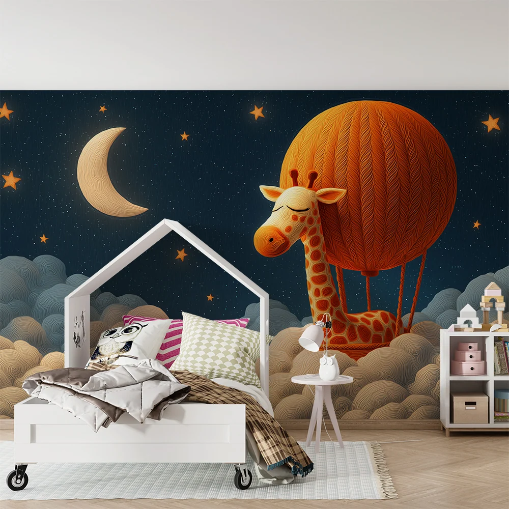 Papier peint chambre bébé | Girafe rêveuse dans un ciel étoilé avec ballon