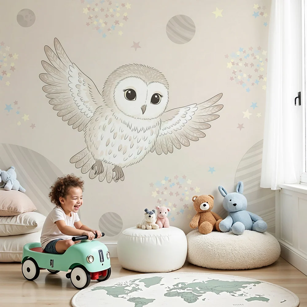 Papier peint chambre bébé | Hibou magique et cosmos