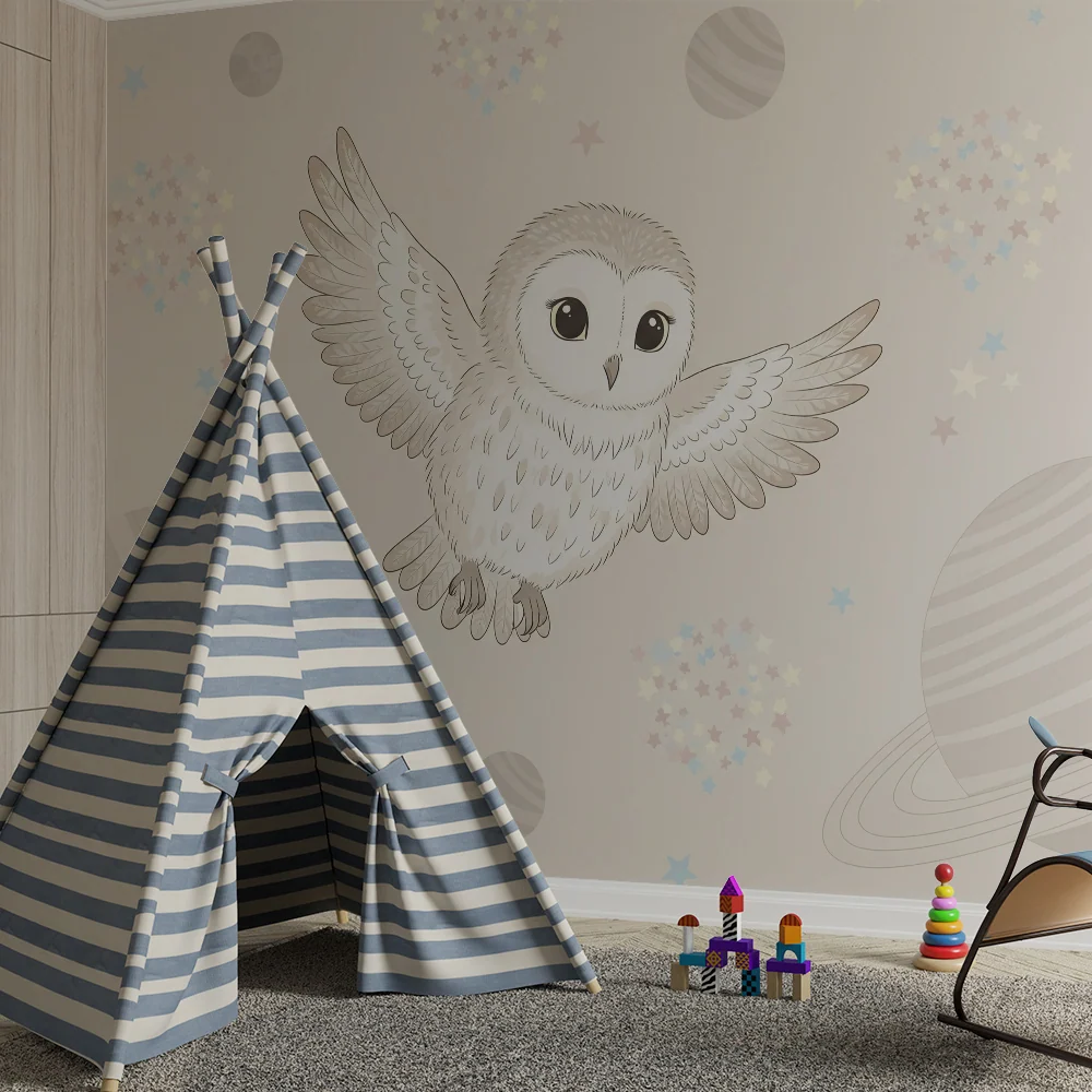 Papier peint chambre bébé | Hibou magique et cosmos