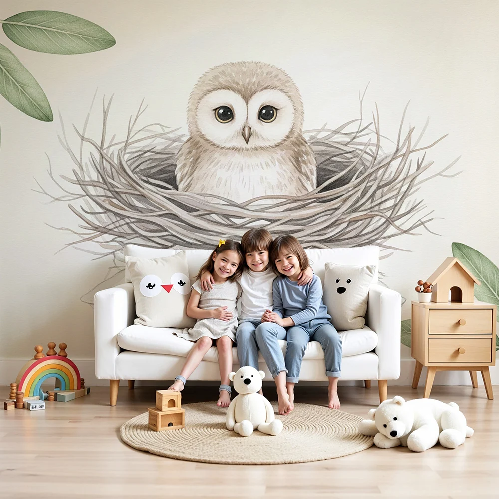 Papier peint chambre bébé | Hibou mignon dans son nid