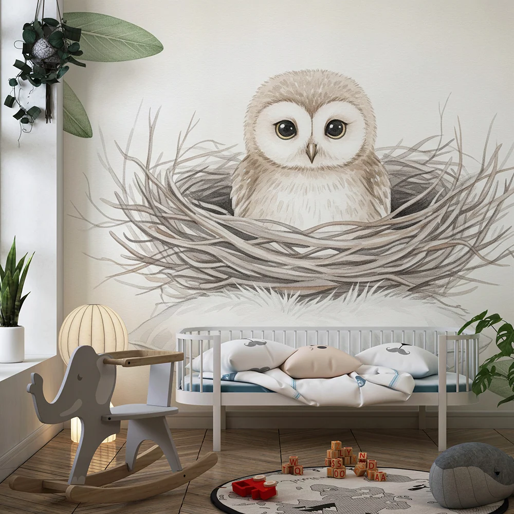 Papier peint chambre bébé | Hibou mignon dans son nid