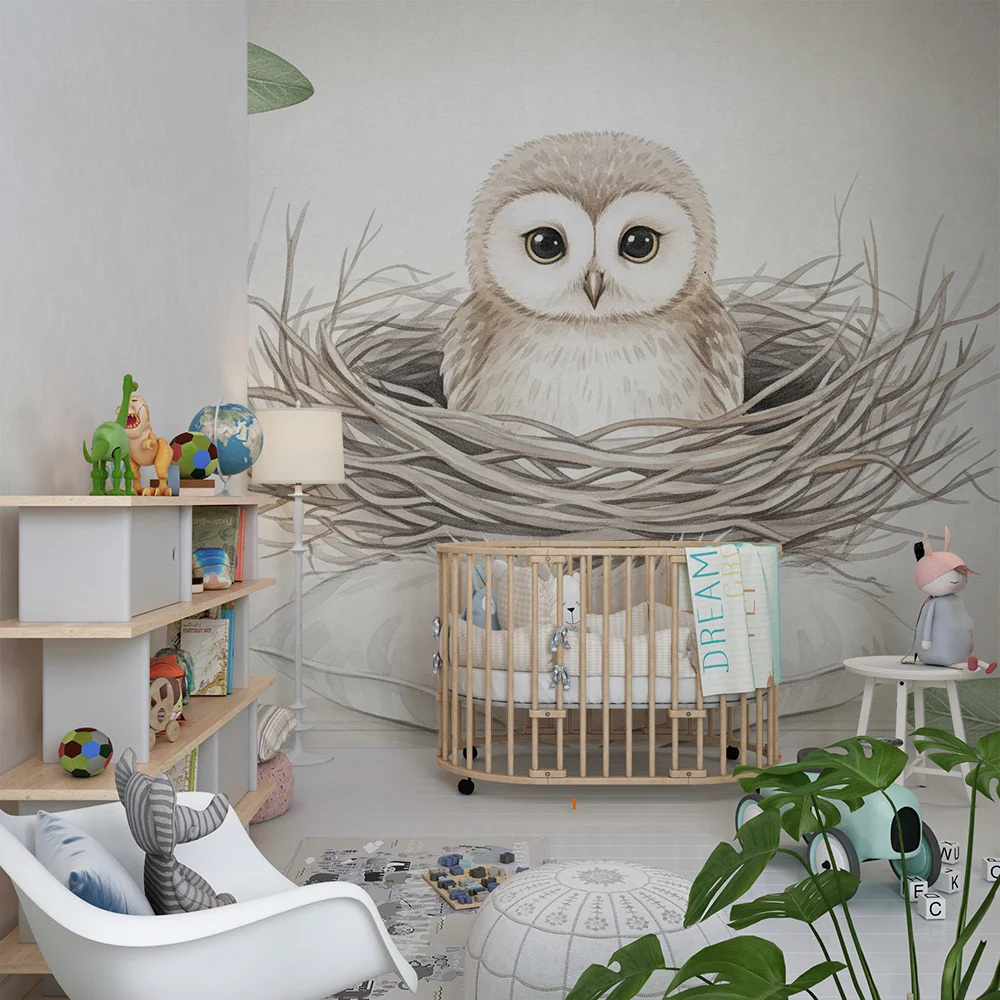 Papier peint chambre bébé | Hibou mignon dans son nid