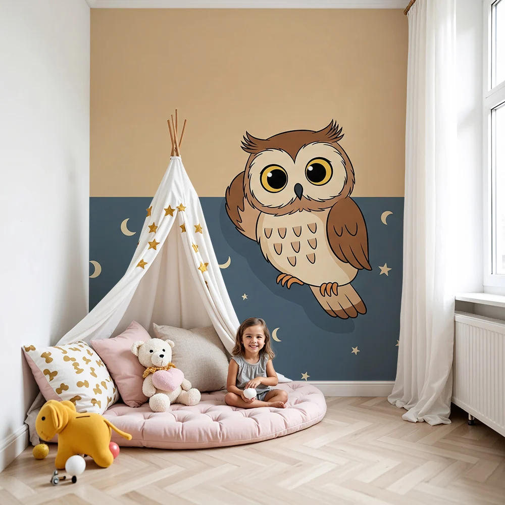 Papier peint chambre bébé | Hibou mignon sous un ciel étoilé
