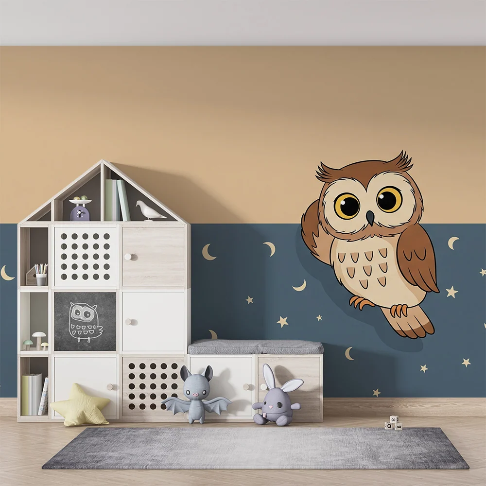 Papier peint chambre bébé | Hibou mignon sous un ciel étoilé