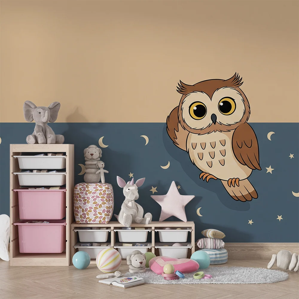 Papier peint chambre bébé | Hibou mignon sous un ciel étoilé
