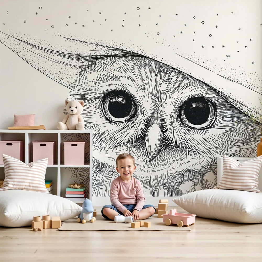 Papier peint chambre bébé | Hibou mystérieux sous les étoiles