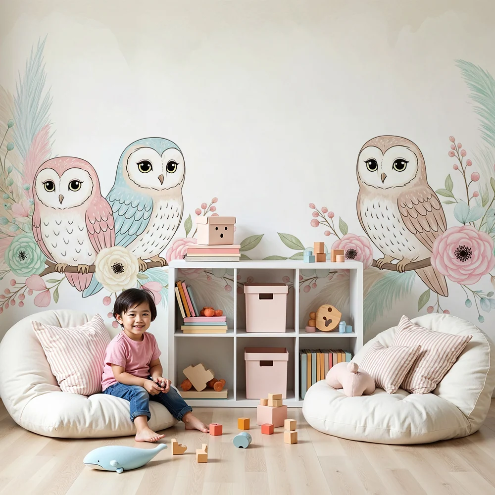 Papier peint chambre bébé | Hiboux adorables entourés de fleurs pastel