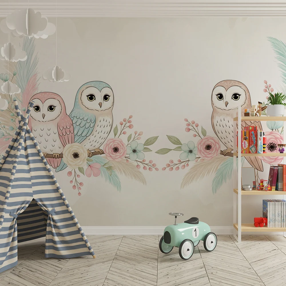 Papier peint chambre bébé | Hiboux adorables entourés de fleurs pastel