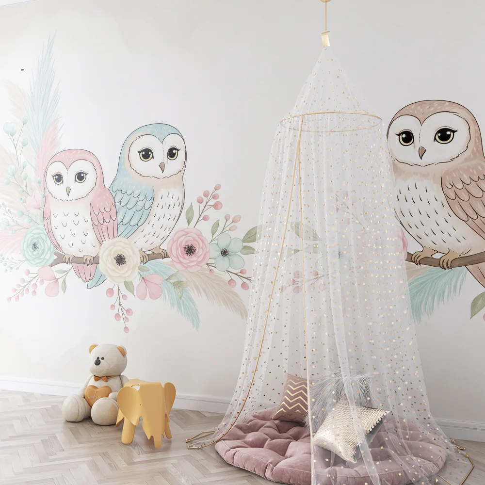 Papier peint chambre bébé | Hiboux adorables entourés de fleurs pastel