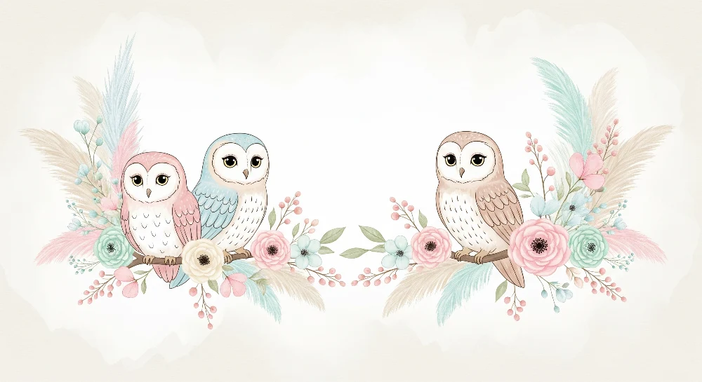 Papier peint chambre bébé | Hiboux adorables entourés de fleurs pastel