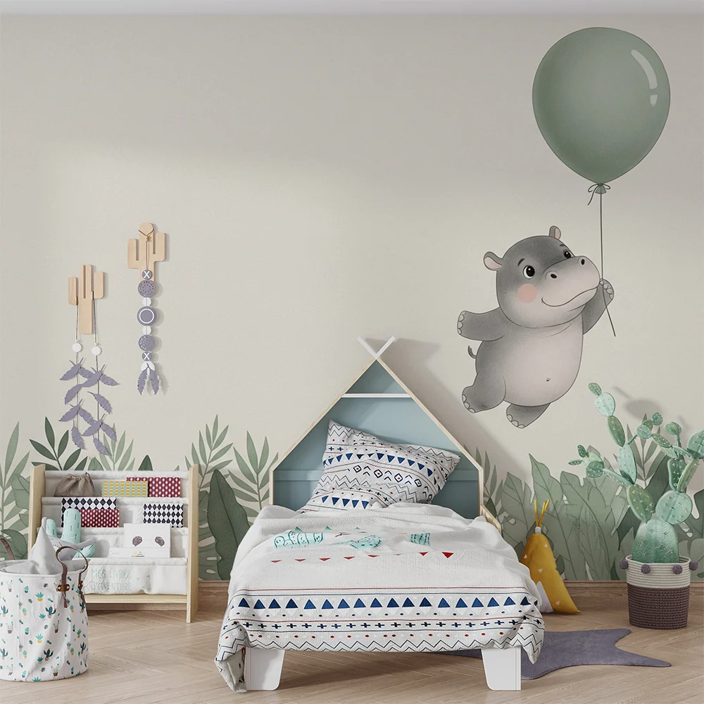 Papier peint chambre bébé | Hippopotame joyeux avec un ballon