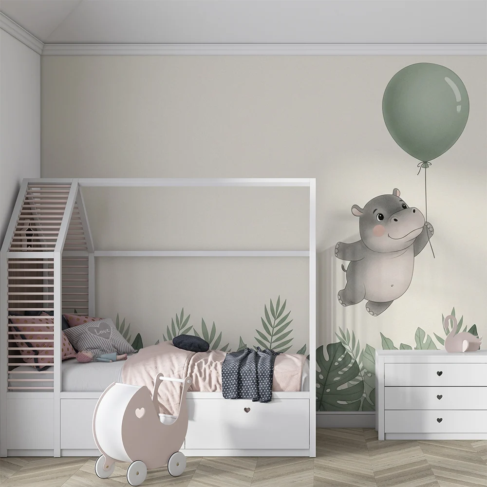 Papier peint chambre bébé | Hippopotame joyeux avec un ballon