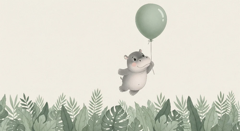 Papier peint chambre bébé | Hippopotame joyeux avec un ballon