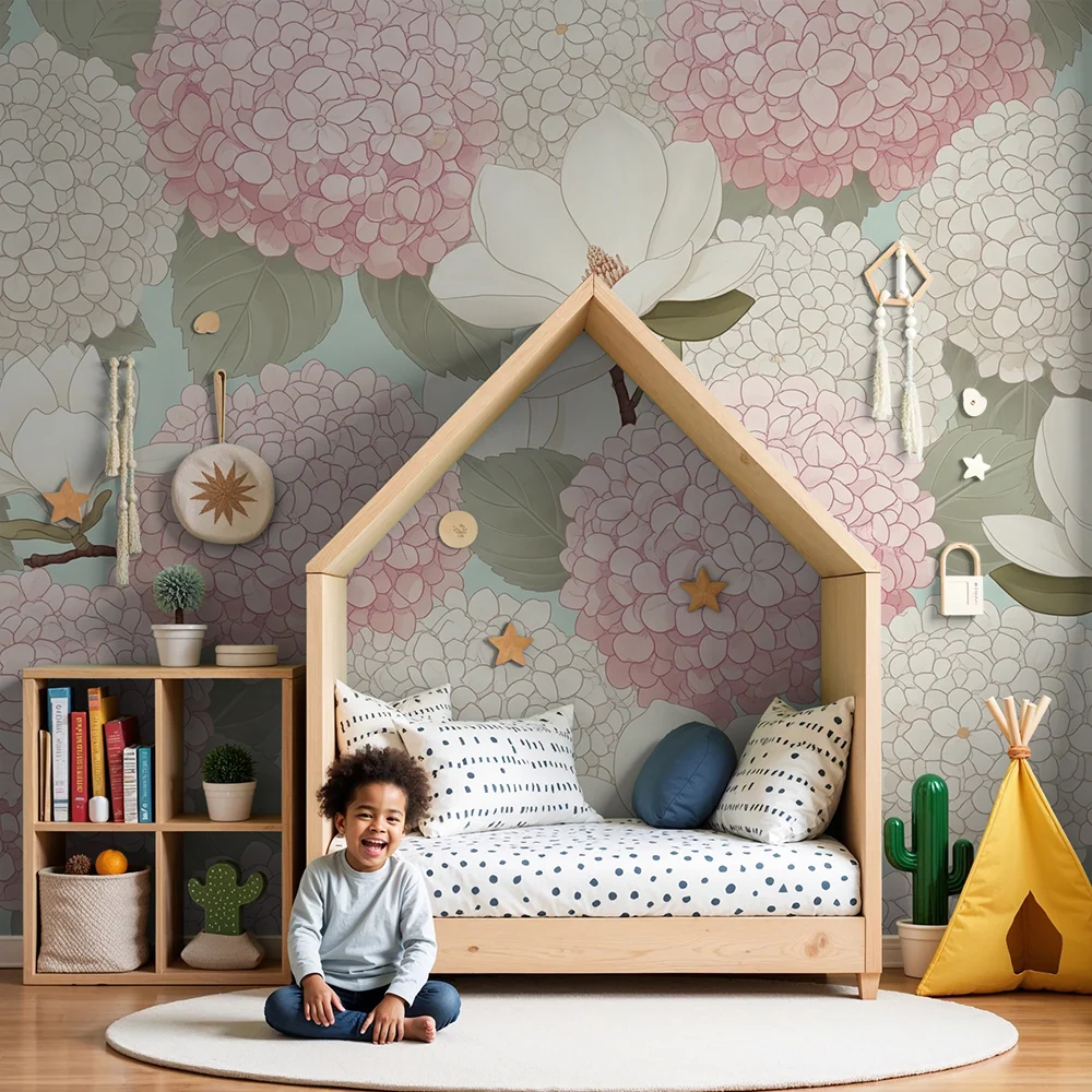 Papier peint chambre bébé | Hortensias