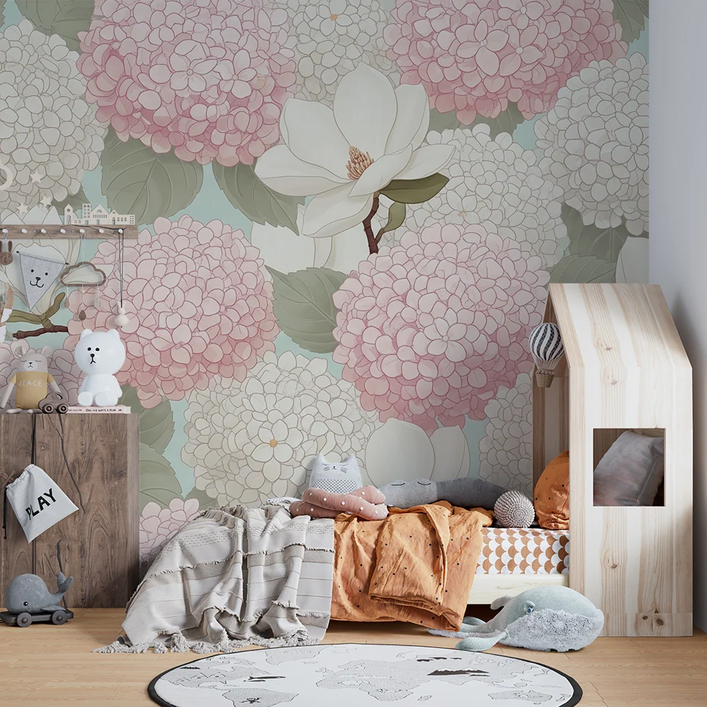 Papier peint chambre bébé | Hortensias