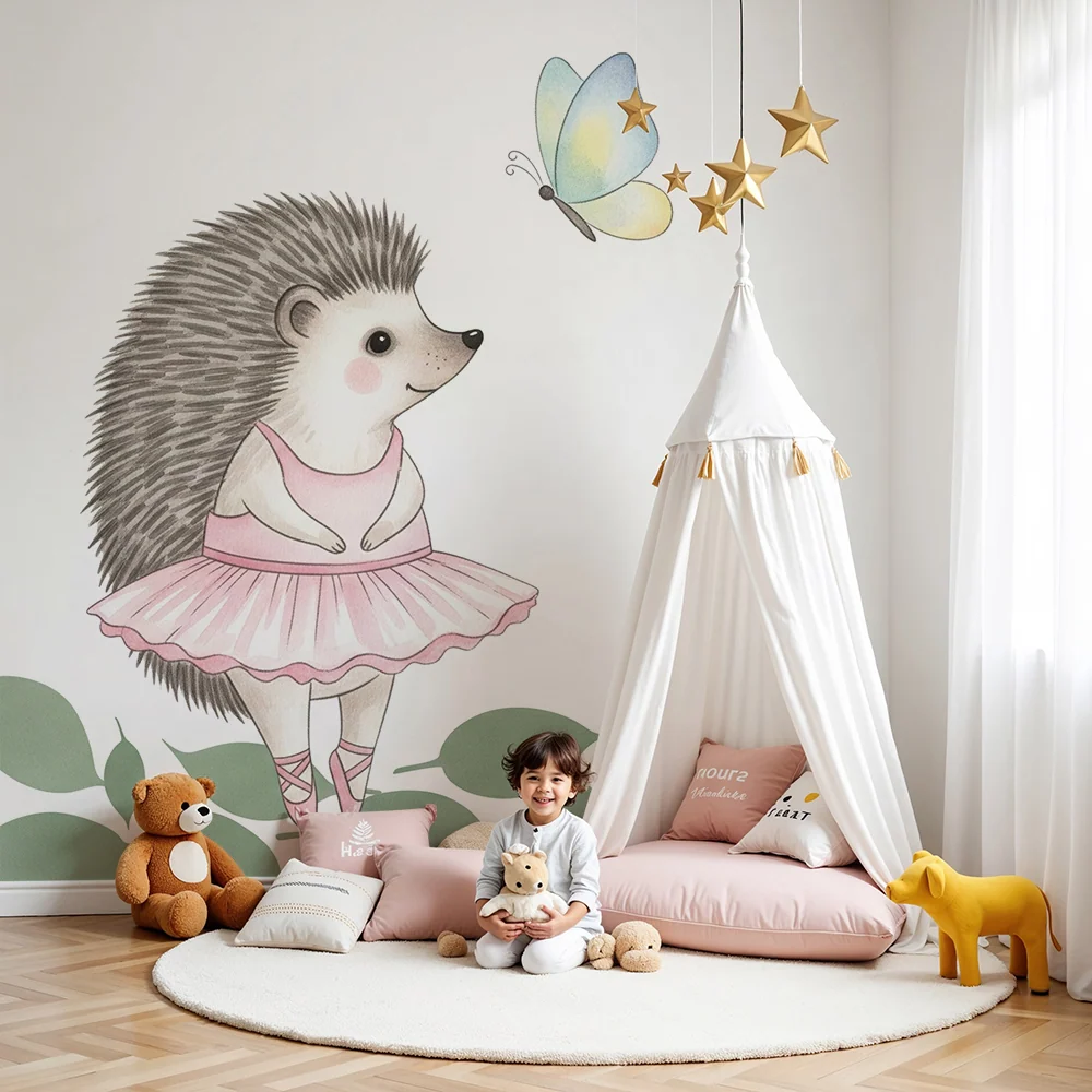 Papier peint chambre bébé | Hérisson ballerine et papillon