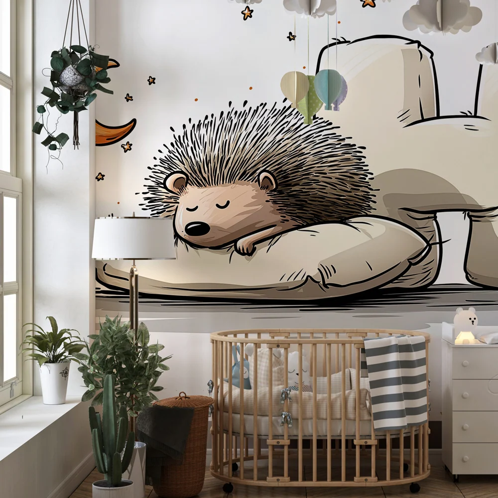 Papier peint chambre bébé | Hérisson endormi sous une lune douce