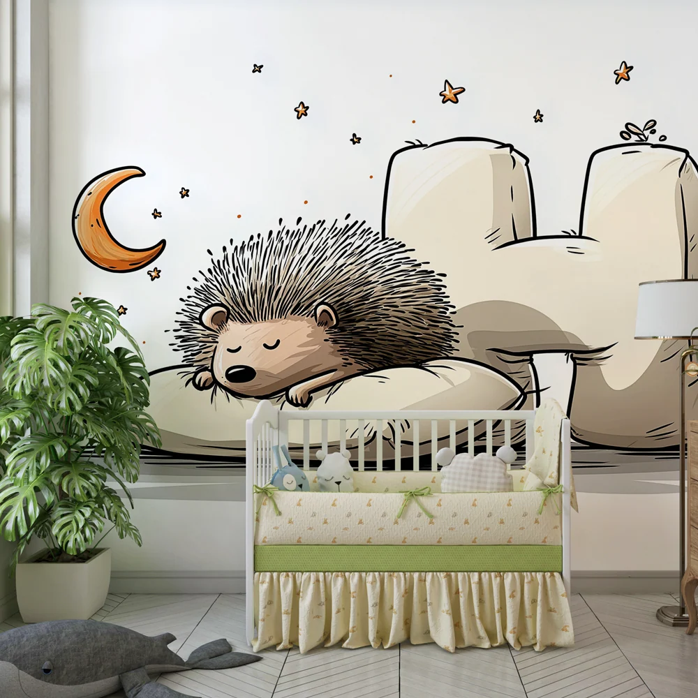Papier peint chambre bébé | Hérisson endormi sous une lune douce