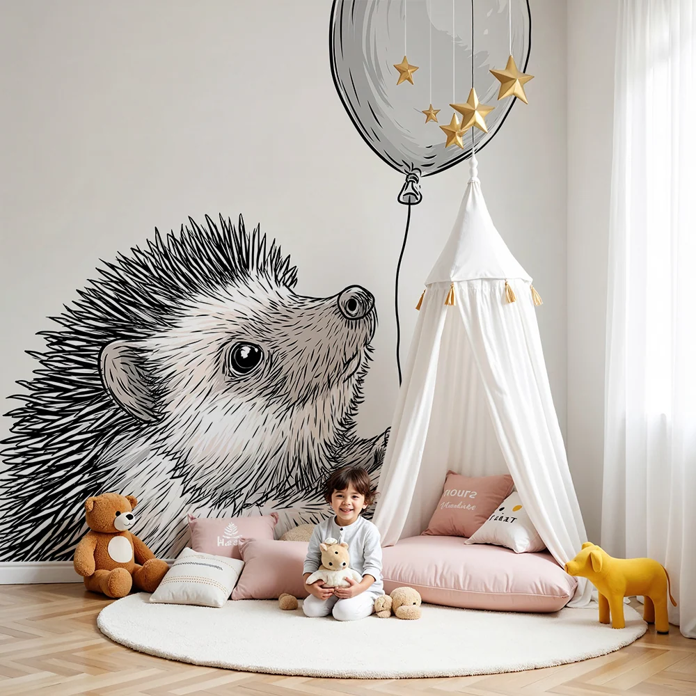 Papier peint chambre bébé | Hérisson mignon tenant un ballon sur fond doux