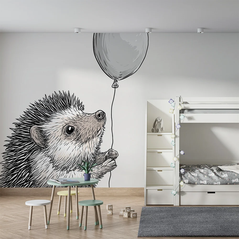 Papier peint chambre bébé | Hérisson mignon tenant un ballon sur fond doux
