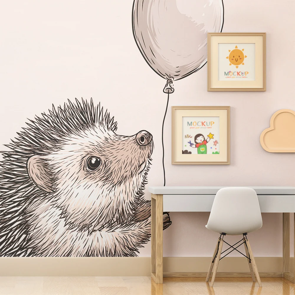 Papier peint chambre bébé | Hérisson mignon tenant un ballon sur fond doux