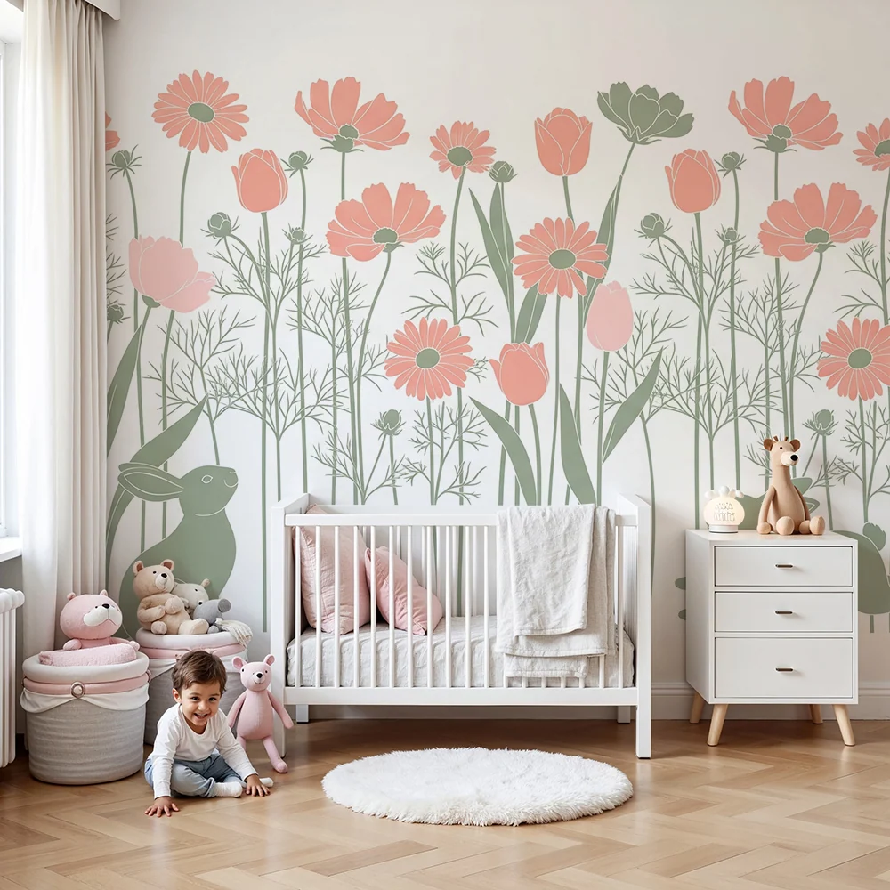 Papier peint chambre bébé | Jardinière de fleurs et lapins mignons