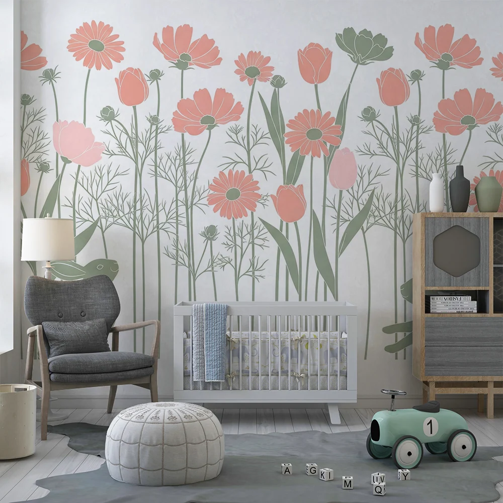 Papier peint chambre bébé | Jardinière de fleurs et lapins mignons
