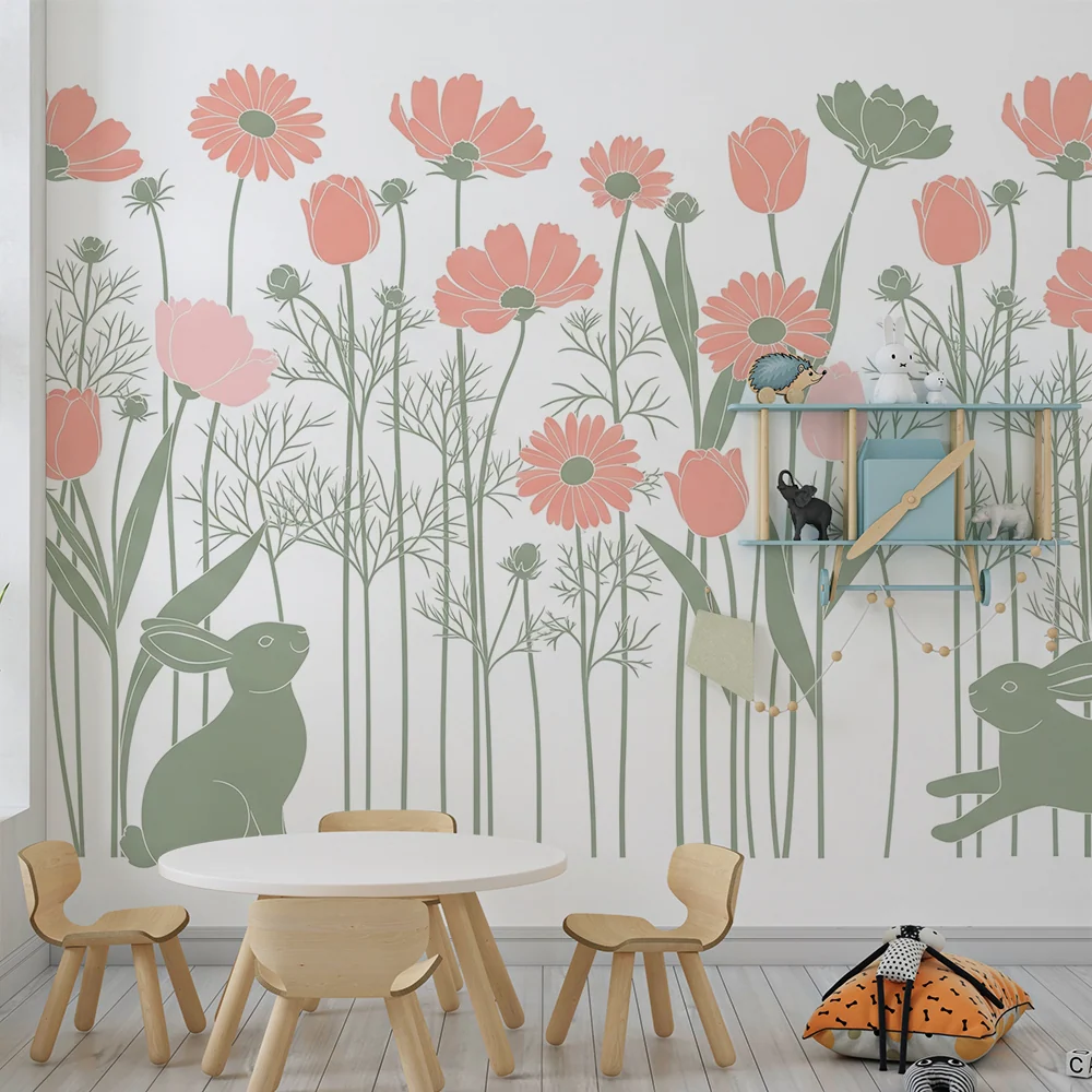 Papier peint chambre bébé | Jardinière de fleurs et lapins mignons