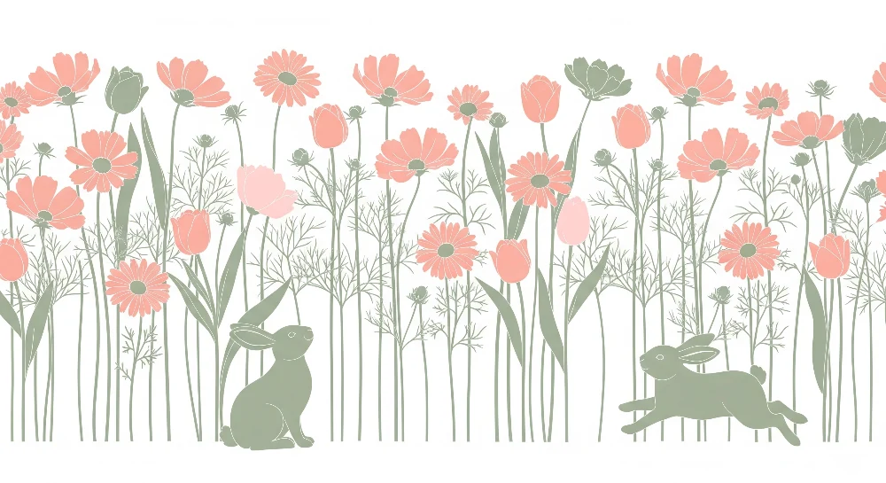 Papier peint chambre bébé | Jardinière de fleurs et lapins mignons