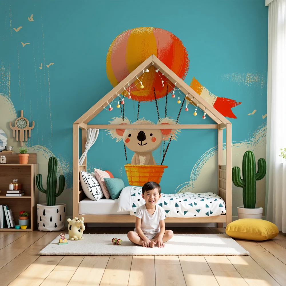 Papier peint chambre bébé | Koala dans un ballon dirigeable