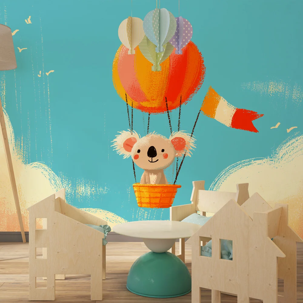 Papier peint chambre bébé | Koala dans un ballon dirigeable