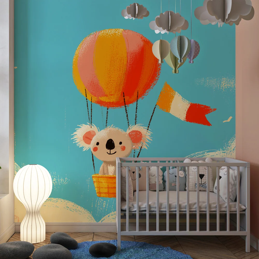Papier peint chambre bébé | Koala dans un ballon dirigeable