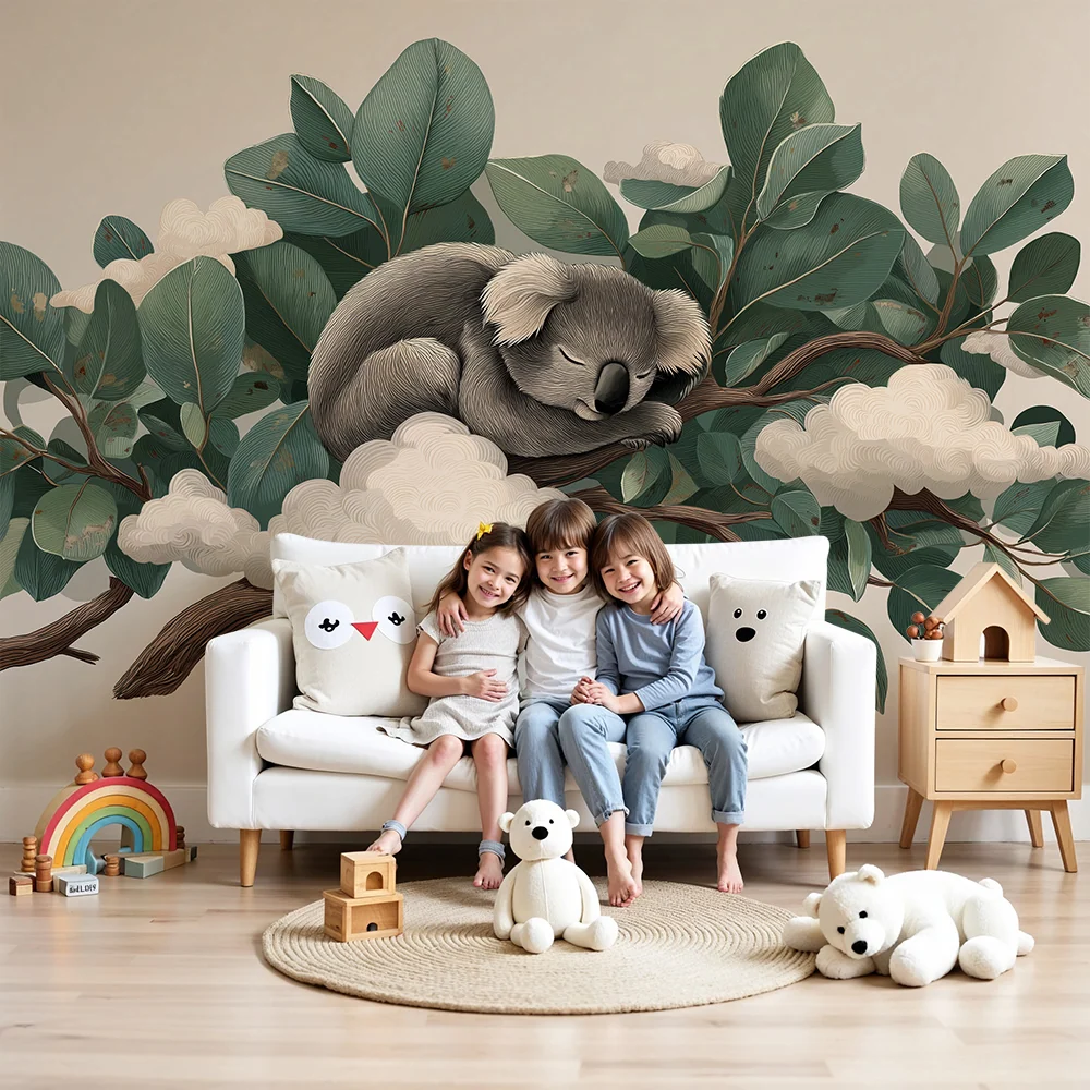 Papier peint chambre bébé | Koala endormi sur une branche entouré de feuillage