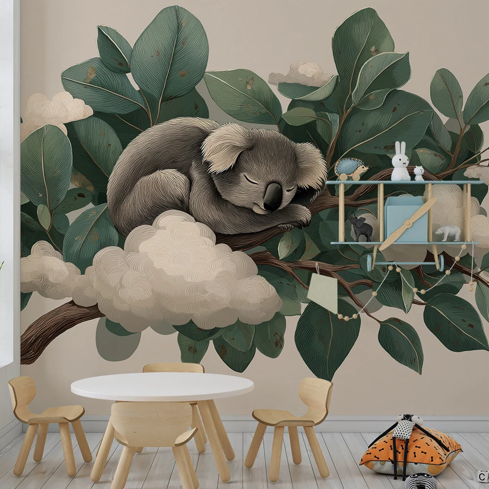 Papier peint chambre bébé | Koala endormi sur une branche entouré de feuillage