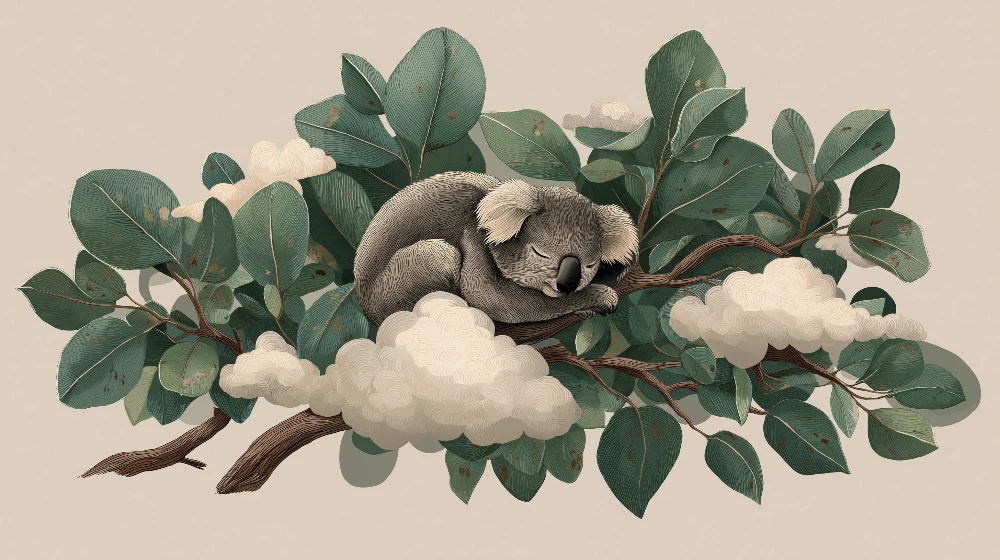 Papier peint chambre bébé | Koala endormi sur une branche entouré de feuillage