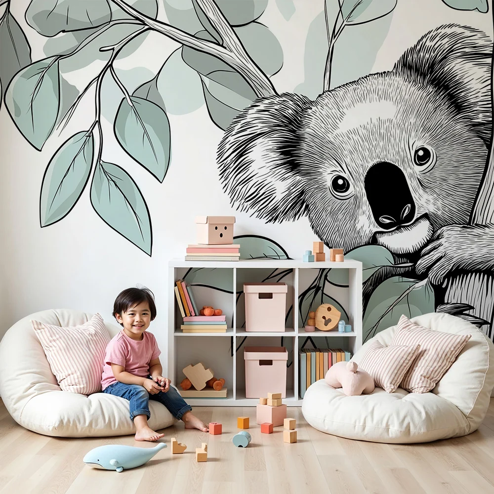 Papier peint chambre bébé | Koala espiègle parmi les feuilles de eucalyptus