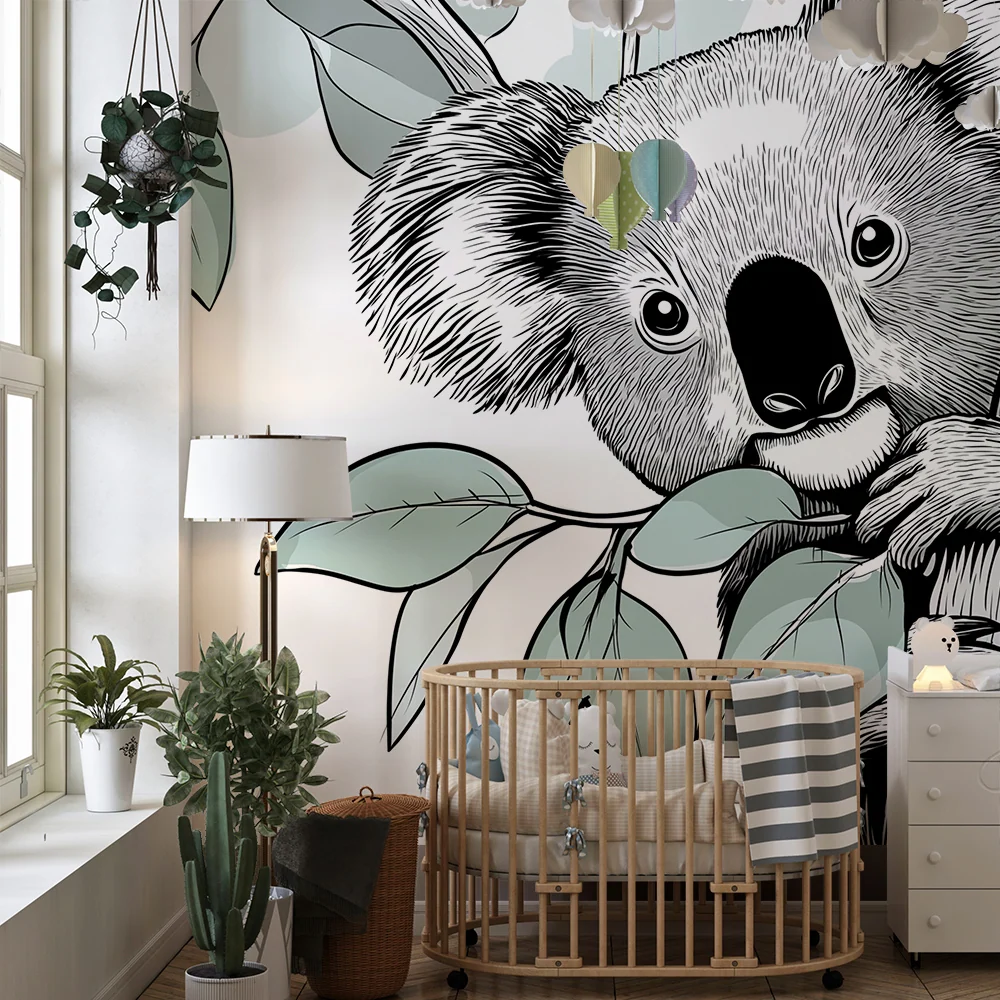 Papier peint chambre bébé | Koala espiègle parmi les feuilles de eucalyptus