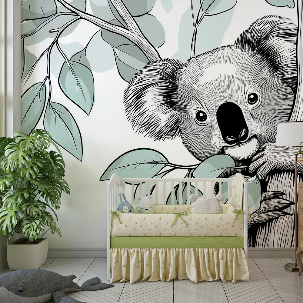 Papier peint chambre bébé | Koala espiègle parmi les feuilles de eucalyptus