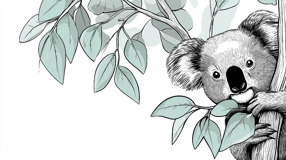 Papier peint chambre bébé | Koala espiègle parmi les feuilles de eucalyptus